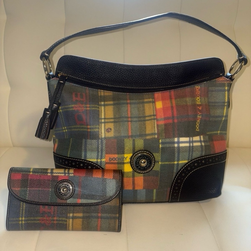 “Dooney & Bourke” Ladybug Plaid C.C. Shoulder Bag & Matching Cont. Wallet Set